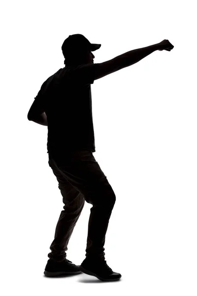 Silhouette Man Wearing Casual Clothes Isolated White Background Punching Hitting — Stock Photo, Image