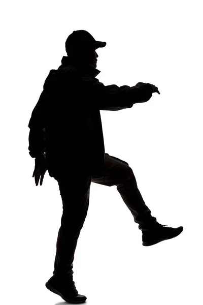 Silhouette Male Hiker Explorer Isolated White Background Wearing Hat Clothes — Stock Photo, Image