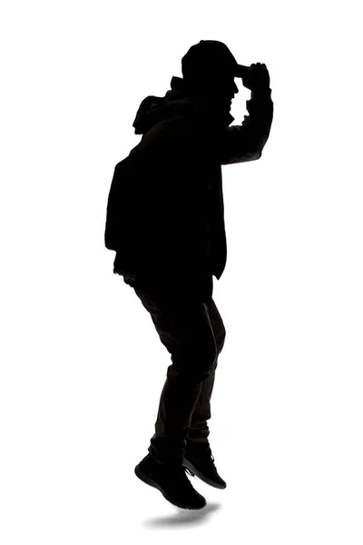 Silhouette Escursionista Esploratore Maschio Isolato Uno Sfondo Bianco Con Cappello — Foto Stock