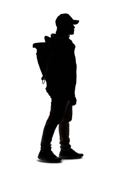 Silhouette Egy Férfi Visel Hátizsák Néz Mint Egy Utazó Vagy — Stock Fotó