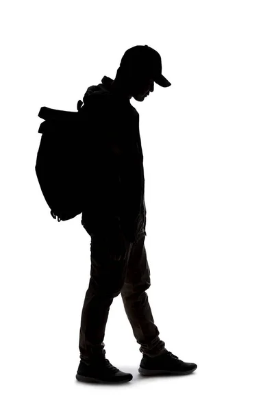 Silhouette Uomo Che Indossa Uno Zaino Che Sembra Viaggiatore Escursionista — Foto Stock