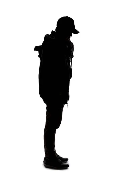 Silhouette Man Wearing Backpack Looking Traveler Hiker Trekking Patiently Standing — Stock Photo, Image
