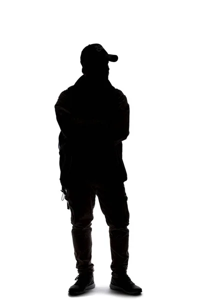 Silhouette Egy Férfi Túrázás Hordja Hátizsák Fehér Háttér Elszigetelt Oldalnézet — Stock Fotó