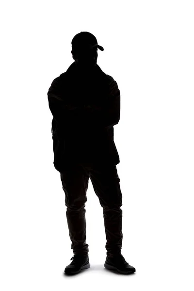 Silhouette Man Hiking Carrying Backpack White Background Isolated Side View — Stock Photo, Image