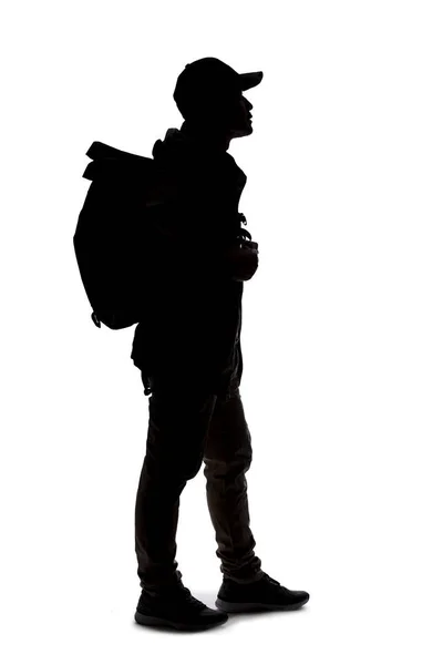 Silhouette Eines Mannes Der Wandert Und Einen Rucksack Auf Weißem — Stockfoto