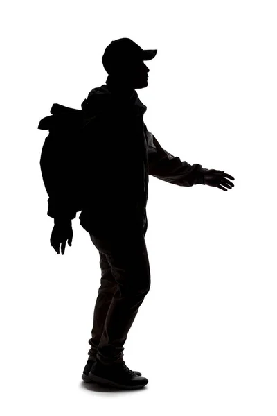 Silhouette Eines Mannes Der Einen Rucksack Trägt Und Aussieht Wie — Stockfoto