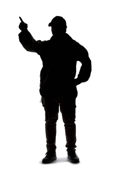 Silhouette Man Wearing Backpack Looking Traveler Hiker Trekking Pointing Something — 스톡 사진