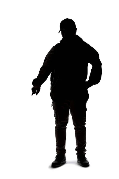 Silhouette Man Wearing Backpack Looking Traveler Hiker Trekking Pointing Something — Stock Photo, Image
