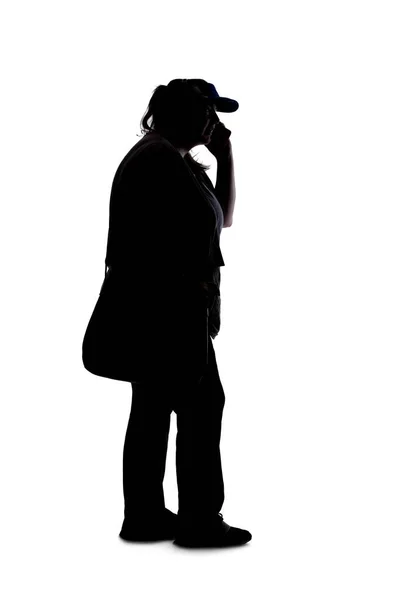 Silhouette Curvy Size Woman White Background She Unrecognizable Using Cell — Stock Photo, Image