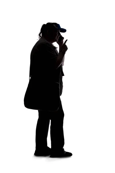 Silhouette Curvy Size Woman White Background She Unrecognizable Using Cell — Stock Photo, Image