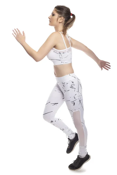 Woman Wearing Sports Clothing Running Isolated White Background Composites She — Stock Photo, Image