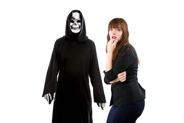 Scared Businesswoman Paranoid Catching Deadly Disease Represented Grim Reaper She — Stock Photo, Image