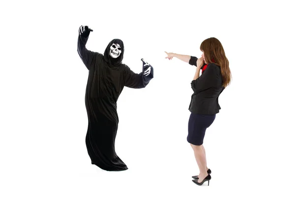 Scared Businesswoman Paranoid Catching Deadly Disease Represented Grim Reaper She — Stock Photo, Image