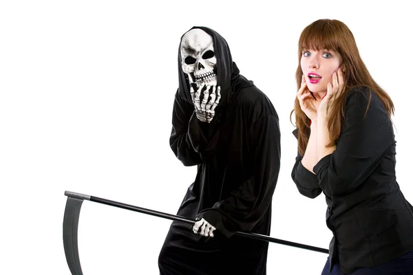 Scared Businesswoman Paranoid Catching Deadly Disease Represented Grim Reaper She — Stock Photo, Image