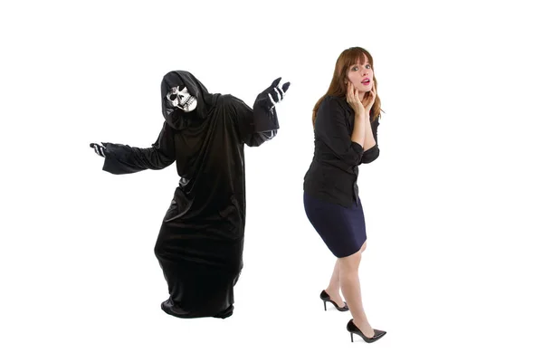 Scared Businesswoman Paranoid Catching Deadly Disease Represented Grim Reaper She — Stock Photo, Image