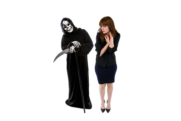 Scared Businesswoman Paranoid Catching Deadly Disease Represented Grim Reaper She — Stock Photo, Image