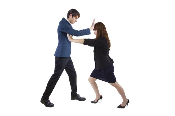 Businessman Businesswoman Pushing Each Other Away Depicts Social Distancing Conflict — Stock Photo, Image