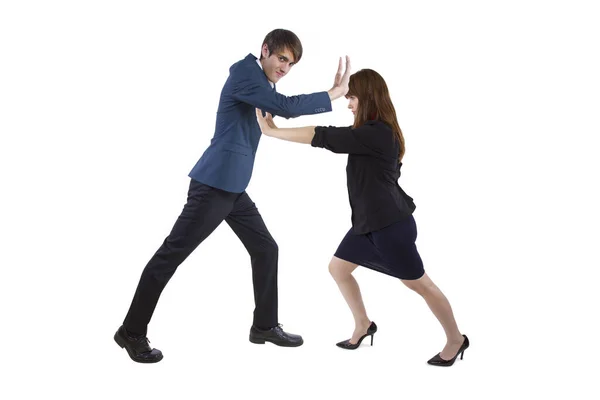 Businessman Businesswoman Pushing Each Other Away Depicts Social Distancing Conflict — Stock Photo, Image