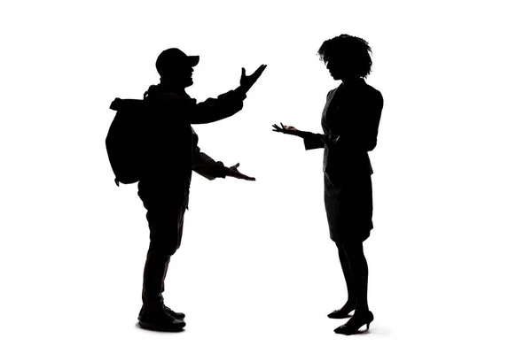 Silhouette Von Menschen Die Miteinander Reden Kontakte Knüpfen Und Keine — Stockfoto