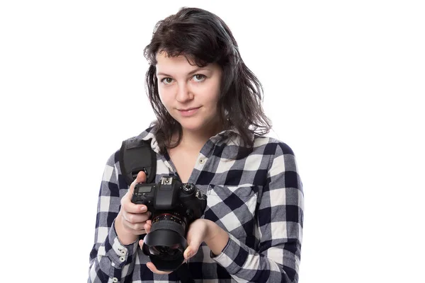 Młoda Studentka Sztuki Trzymająca Aparat Fotograficzny Studiująca Profesjonalnego Lub Amatorskiego — Zdjęcie stockowe