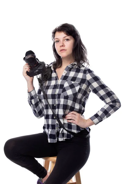 Young Female Art Student Holding Dslr Camera Studying Professional Amateur — Stock Photo, Image