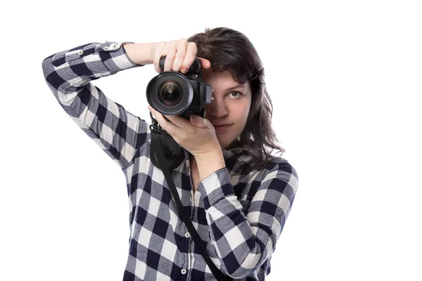 Jovem Estudante Arte Feminina Segurando Uma Câmera Dslr Estudando Para — Fotografia de Stock