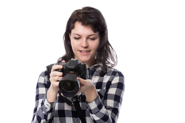 Fiatal Női Művészeti Hallgató Kezében Egy Dslr Kamera Tanul Hogy — Stock Fotó