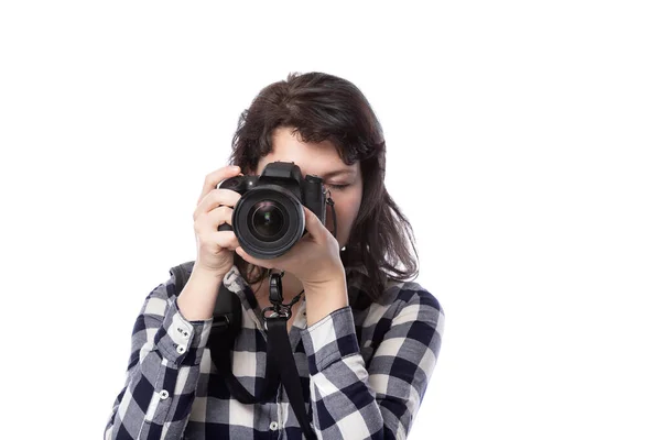 Jonge Vrouwelijke Kunststudent Die Een Dslr Camera Vasthoudt Studeert Professioneel — Stockfoto