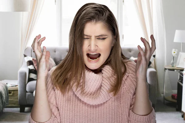 Woman Getting Impatient Angry Having Stay Home Pandemic Lock Quarantine — Stock Photo, Image