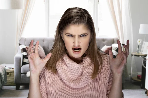 Woman Getting Impatient Angry Having Stay Home Pandemic Lock Quarantine — Stock Photo, Image