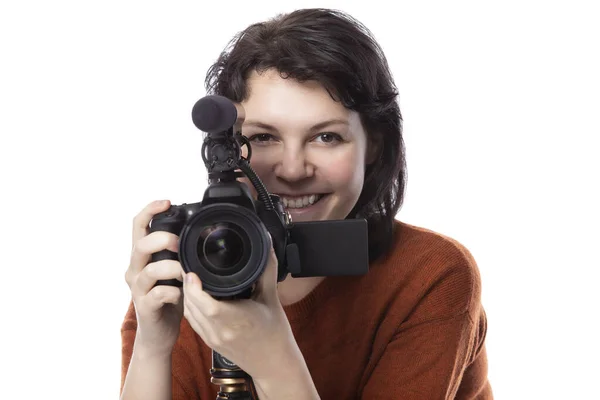 Female Art Student Studying Filmmaker Using Camera Tripod Project She — Stock Photo, Image