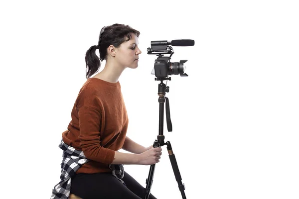 Female Art Student Studying Filmmaker Using Camera Tripod Project She — Stock Photo, Image