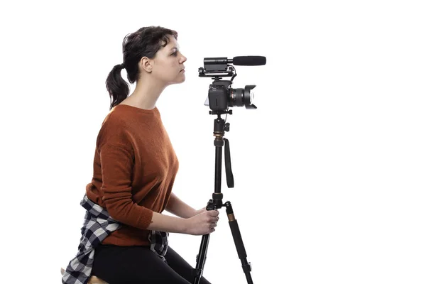 Female Art Student Studying Filmmaker Using Camera Tripod Project She — Stock Photo, Image