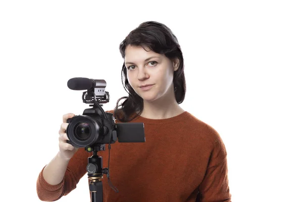 Female Art Student Studying Filmmaker Using Camera Tripod Project She — Stock Photo, Image