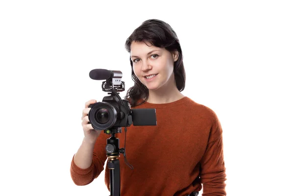 Studentka Výtvarného Umění Studující Filmařku Která Používá Kameru Stativu Pro — Stock fotografie