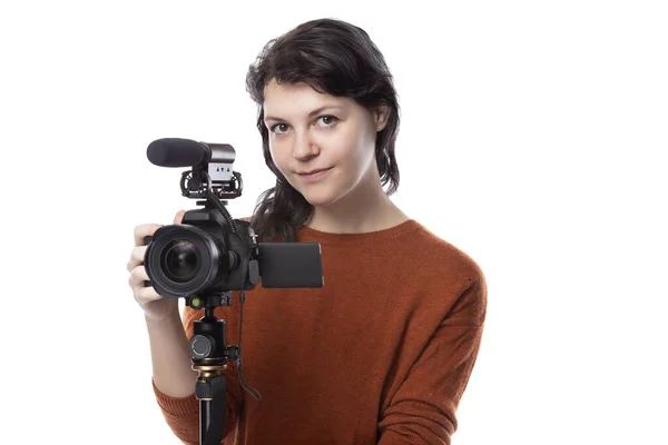 Female Art Student Studying Filmmaker Using Camera Tripod Project She — Stock Photo, Image