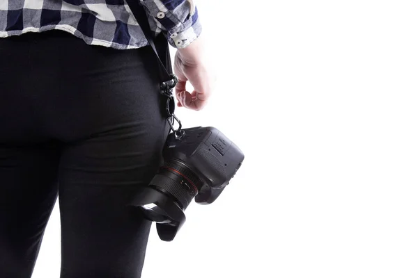 Vista Vicino Obiettivi Fotocamere Non Marchiati Trasportati Una Fotografa Professionista — Foto Stock