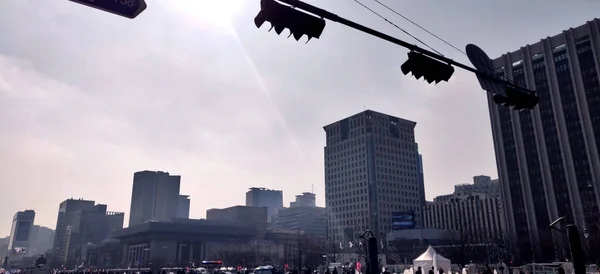 Bunch Tall Buildings Central Square Seoul South Korea Traffic Lights — Stock Photo, Image