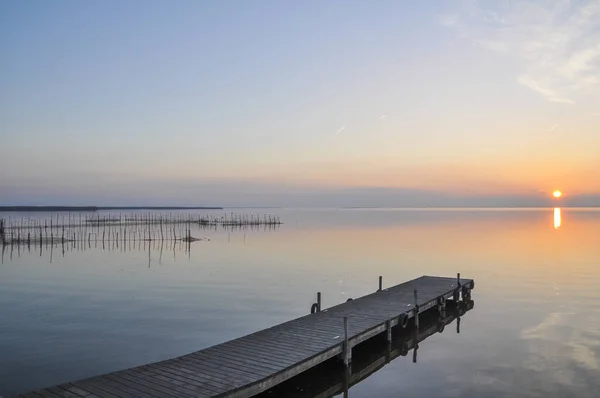 Coucher Soleil Sur Jetée Dans Parc Naturel Albufera Valence — Photo