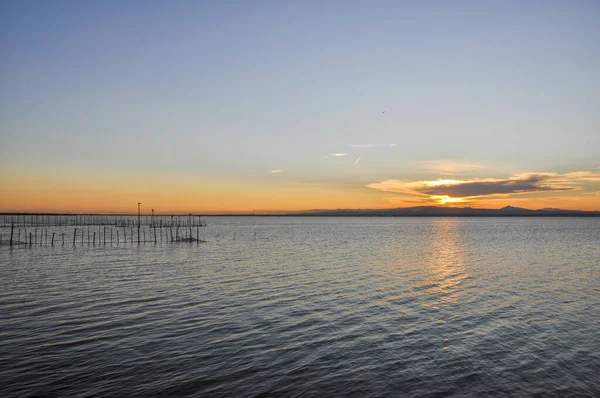 Solnedgång Vid Piren Naturparken Albufera Valencia — Stockfoto