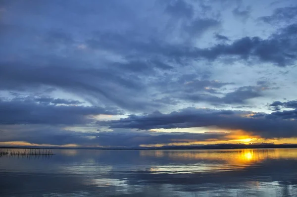 Solnedgång Vid Piren Naturparken Albufera Valencia — Stockfoto