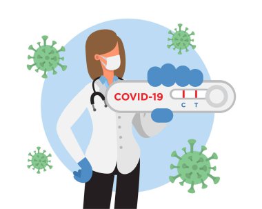 Kadın doktor koronavirüs için hızlı test gösteriyor.