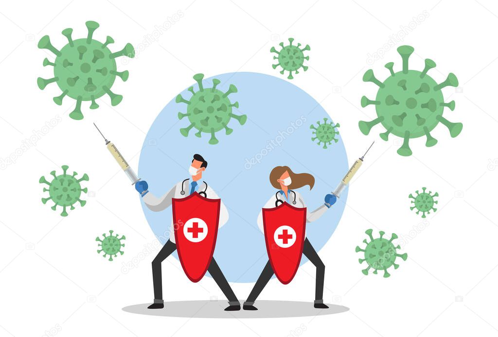 Male and female doctor fighting with syringes against corona virus
