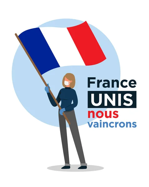 拿着法国国旗的法国女孩鼓励人们对抗日冕病毒 — 图库矢量图片