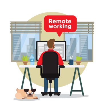 Evinden masasında bir fincan kahve, bir şişe su, bitkiler, pencereler ve bir köpekle çalışan bir adam..