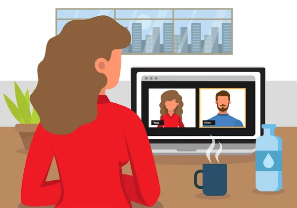 Close Woman Communicating Video Conference Man Virtual Meeting Video Conference — Stock Vector