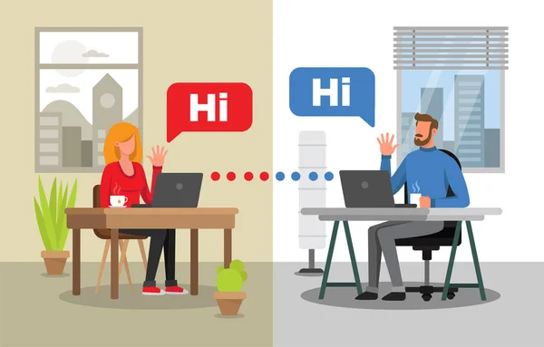 Man Woman Communicating Video Conference Two Different Backgrounds Each Character — Stock Vector