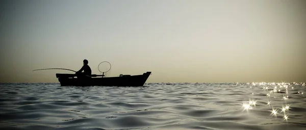 3D Render Fisherman in Boat on Sea with Sun Sparkles