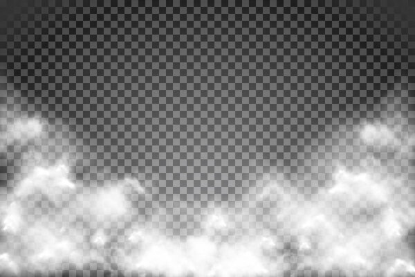 White fog texture isolated on transparent background. Steam special effect. Realistic vector fire smoke or mist