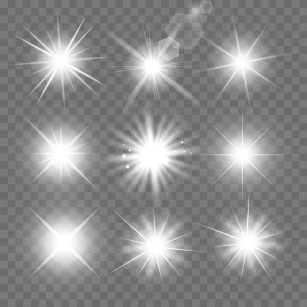 Glühende Lichter Fackeln Explosionen Und Sterne Spezialeffekt Isoliert Auf Transparentem — Stockvektor